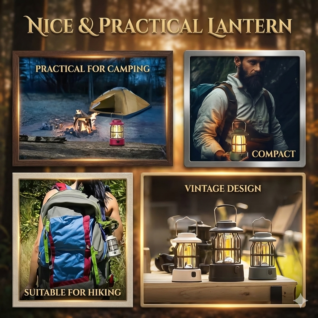 Retro-Style LED Camping Lantern – Type-C Rechargeable & Dimmable