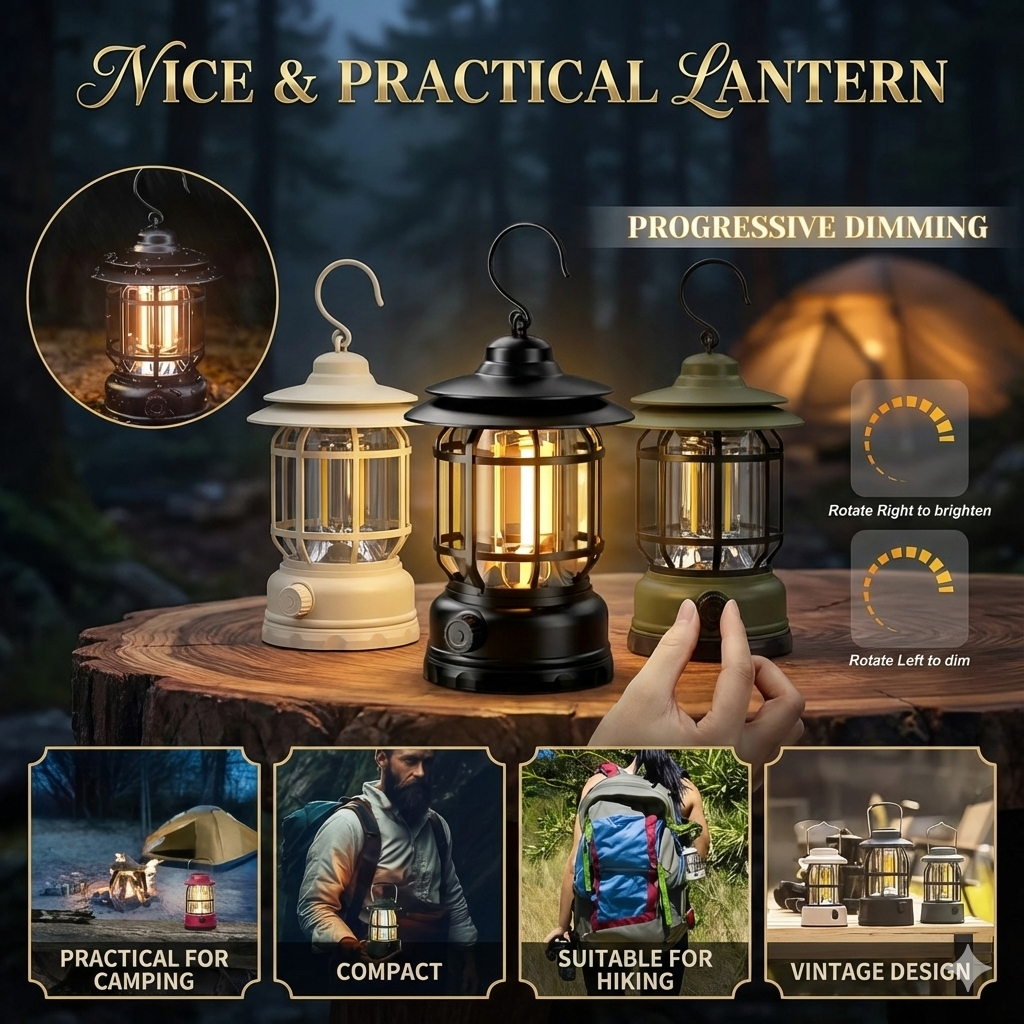 Retro-Style LED Camping Lantern – Type-C Rechargeable & Dimmable