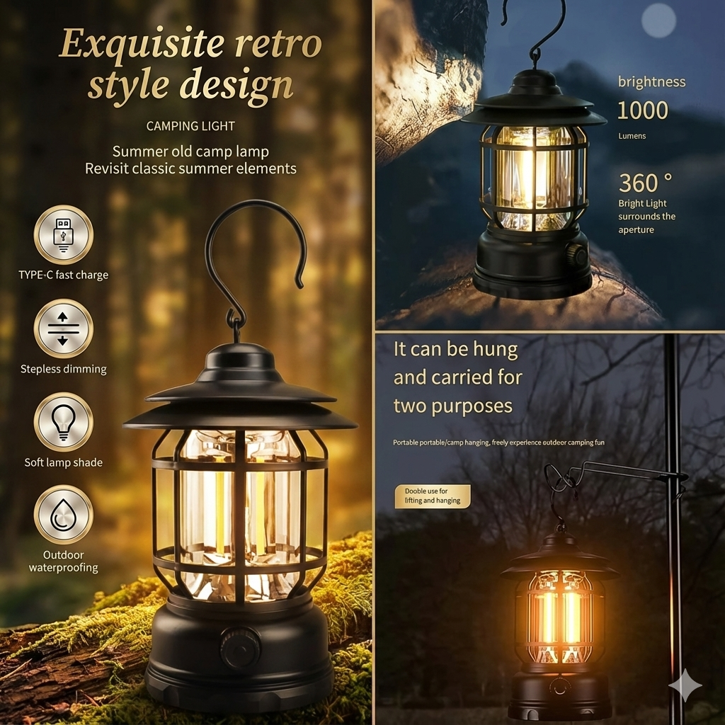 Retro-Style LED Camping Lantern – Type-C Rechargeable & Dimmable
