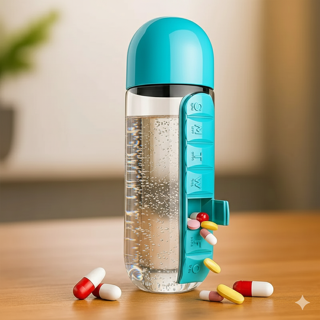 All-in-One Travel Water Bottle with Integrated Weekly Vitamin Planner