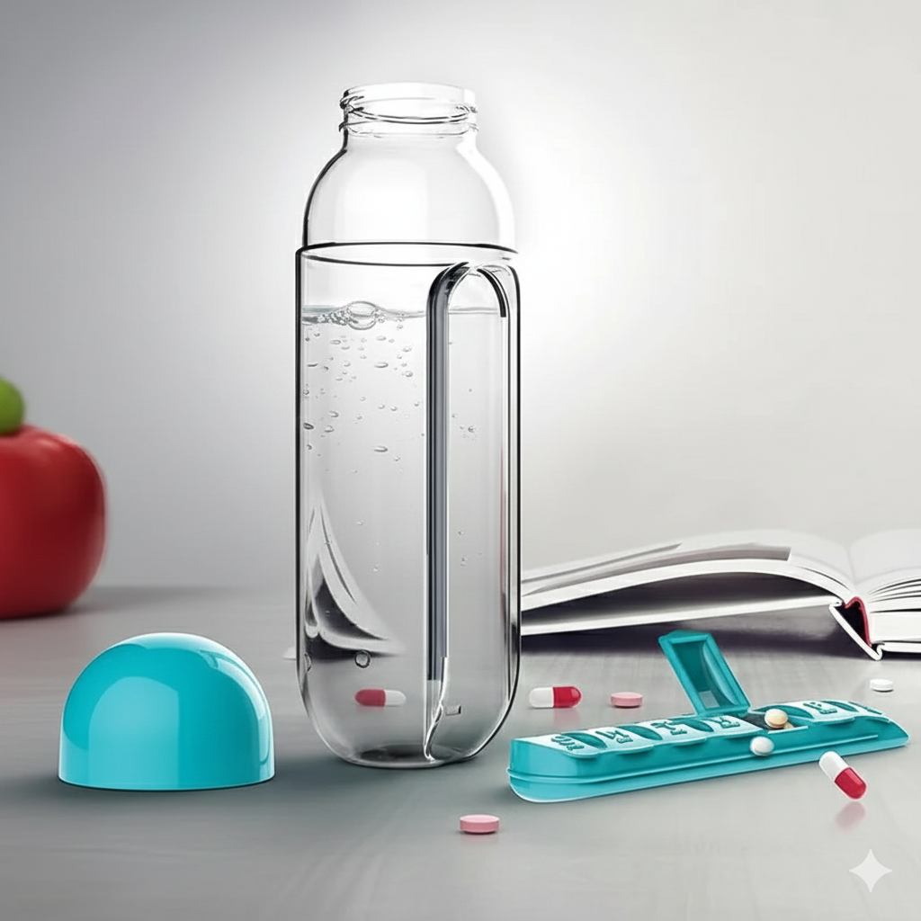 All-in-One Travel Water Bottle with Integrated Weekly Vitamin Planner