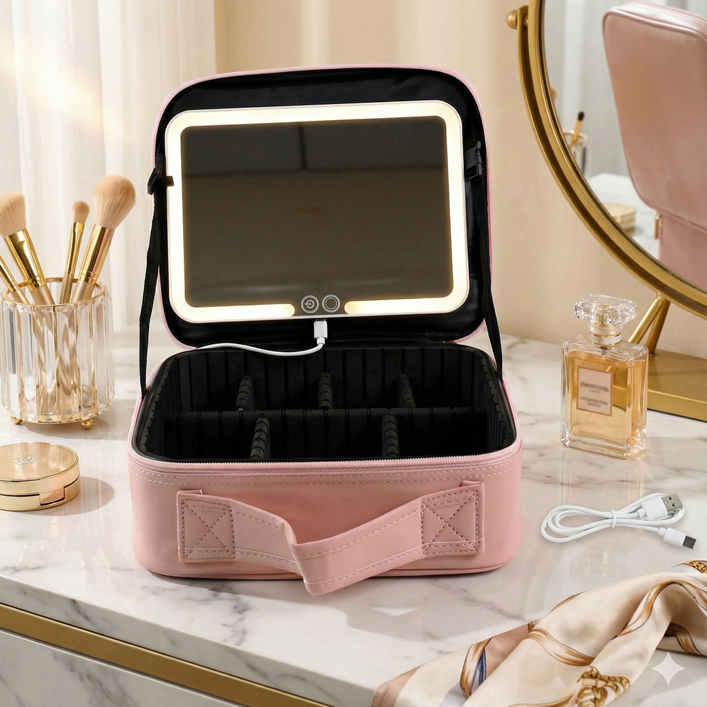 Premium LED Makeup Travel Case – Portable Vanity with Touch-Sensor Mirror